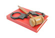 Judge's gavel and handcuffs on red legal book isolated
