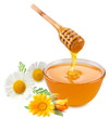 Honey pours with sticks in a jar. Flowers are near. Isolated on