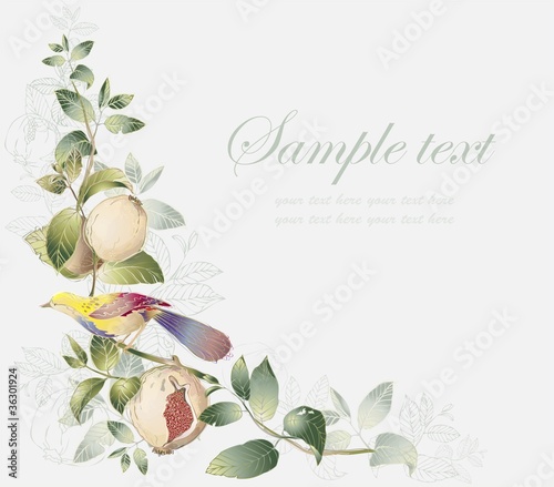 Vector: Greeting card with birds and garnet tree. Greeting card with birds and garnet tree.