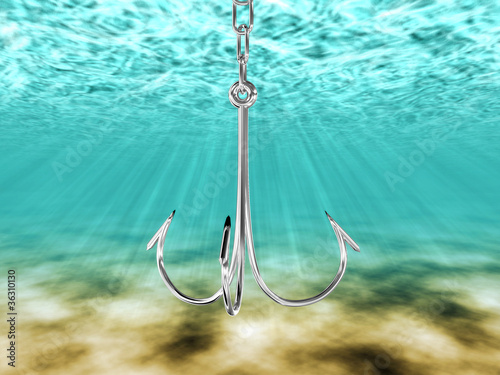 Illustration: Hook to catch fish under water. 3D image Hook to catch fish under water. 3D image