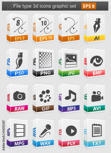 Vector: File type 3d icons set. File type 3d icons set.