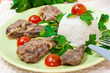 Photo: Liver fried with onion, rice and tomato cherry Liver fried with onion, rice and tomato cherry
