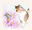birthday card with  little tabby kitten, flowers and  butterfly