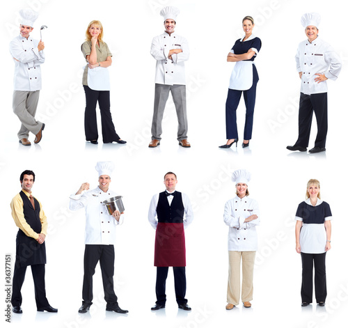 Photo: Waiter and chef workers group. Isolated on white background. Waiter and chef workers group. Isolated on white background.