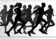 Marathon runners in skyscraper city landscape background