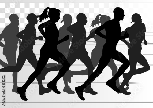 Vector: Marathon runners in skyscraper city landscape background Marathon runners in skyscraper city landscape background