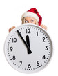 Frauenkopf mit Zipfelmütze hinter großer Uhr