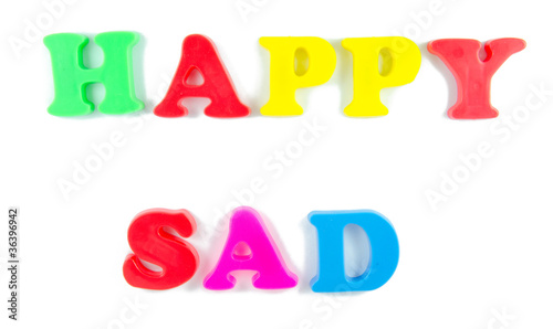 Photo: happy and sad written in fridge magnets happy and sad written in fridge magnets