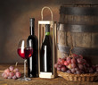 still life with red wine and old barrel