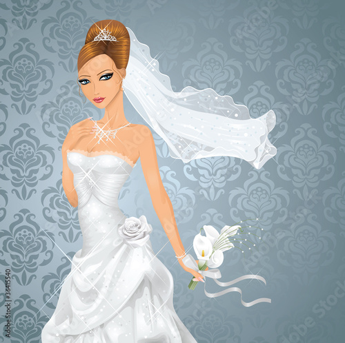 Illustration: Beautiful bride with a bouquet on blue background. Beautiful bride with a bouquet on blue background.