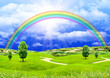 Rainbow in the blue sky over a glade