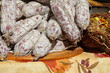 Traditional Italian sausages on display at farmer's market Traditional Italian sausages on display at farmer's market