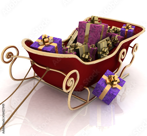 Illustration: Christmas Santa sledge with gifts on a white background Christmas Santa sledge with gifts on a white background