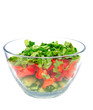 A bowl of salad with fresh lettuce, cucumber and tomato