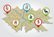 Isometric city map with colorful pointers with people on chair