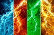 four banners with colorful abstract lightnings