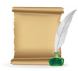 Ancient manuscript and inkstand with a white quill  pen