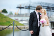 Beautiful bride and groom kissing