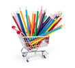 color pencils in shopping cart isolated