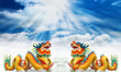 Chinese dragons statue with cloud and sky Chinese dragons statue with cloud and sky