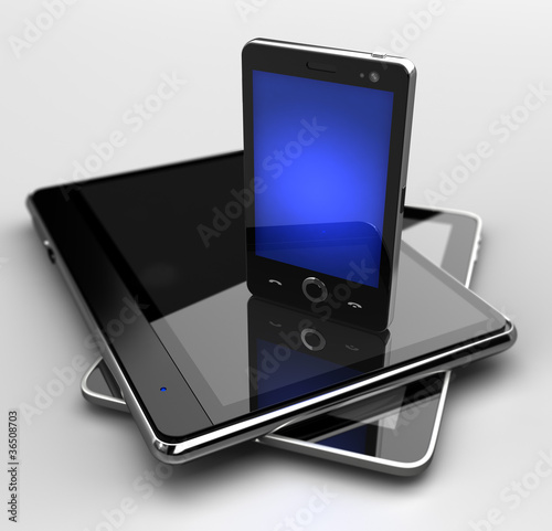 Illustration: Glowing mobile phone standing on digital pads Glowing mobile phone standing on digital pads