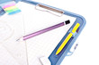 Clipboard with ball pen, setsquare, stickers, eraser and pencil