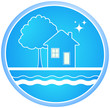 blue roun sign of clean environment with house and tree