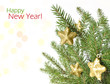 Fir tree branches decorated with stars isolated on white backgro Fir tree branches decorated with stars isolated on white backgro