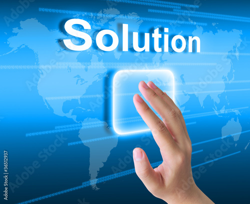 Illustration: hand pressing solution button on a touch screen interface hand pressing solution button on a touch screen interface
