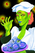 Happy goblin chef with delicious food