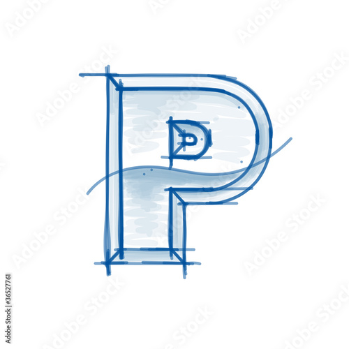 Blueprint font sketch letter P marker drawing