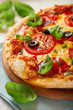 Pizza with salami, tomatoes and olives