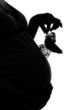 silhouette of pregnant woman with baby carriage on white
