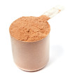 A scoop of chocolate whey protein powder isolated on white backg