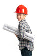 child with red helmet and sketches