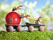 ants deliver red currant with trailer of sunflower seeds