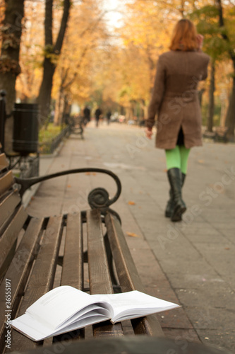 Photo: Book left on a bench in autumn park Book left on a bench in autumn park