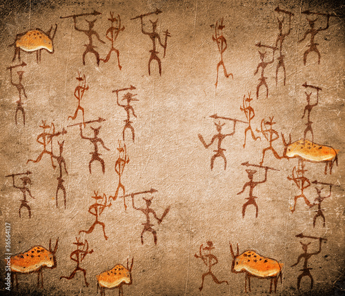 Illustration: prehistoric cave painting with war scene prehistoric cave painting with war scene