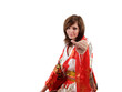 Young sensual woman in red kimono focus on face finger up