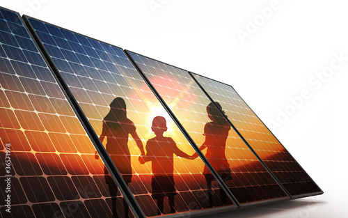 Illustration: Isolated Photovoltaic cells, children walking hand in hand Isolated Photovoltaic cells, children walking hand in hand