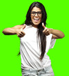 woman good symbol over removable chroma key background