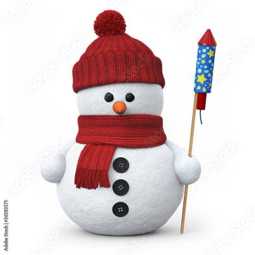Illustration: Snowman with woolen hat and fireworks rocket Snowman with woolen hat and fireworks rocket