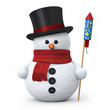 Snowman with top hat and fireworks rocket