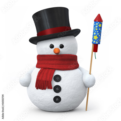 Illustration: Snowman with top hat and fireworks rocket Snowman with top hat and fireworks rocket