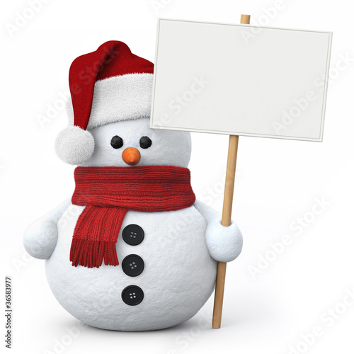 Illustration: Snowman with santa hat and signboard Snowman with santa hat and signboard