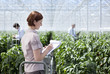 Worker writing on clipboard in greenhouse