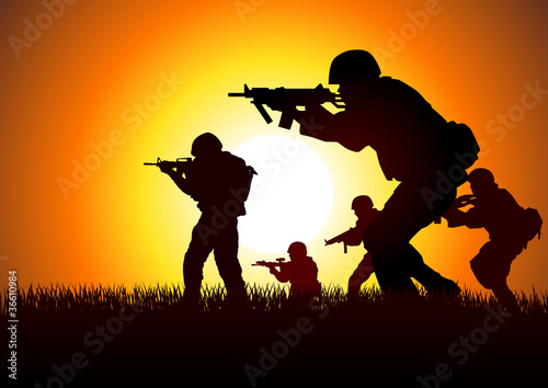 Vector: Silhouette illustration of soldiers in assault formation Silhouette illustration of soldiers in assault formation