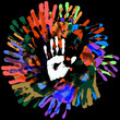Multi-colored handprints, on a black background