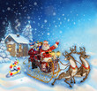 Illustration: Christmas illustration of Santa Claus in a sleigh with reindeer Christmas illustration of Santa Claus in a sleigh with reindeer