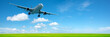 Jet airplane in a sky. Panoramic composition in high resolution.